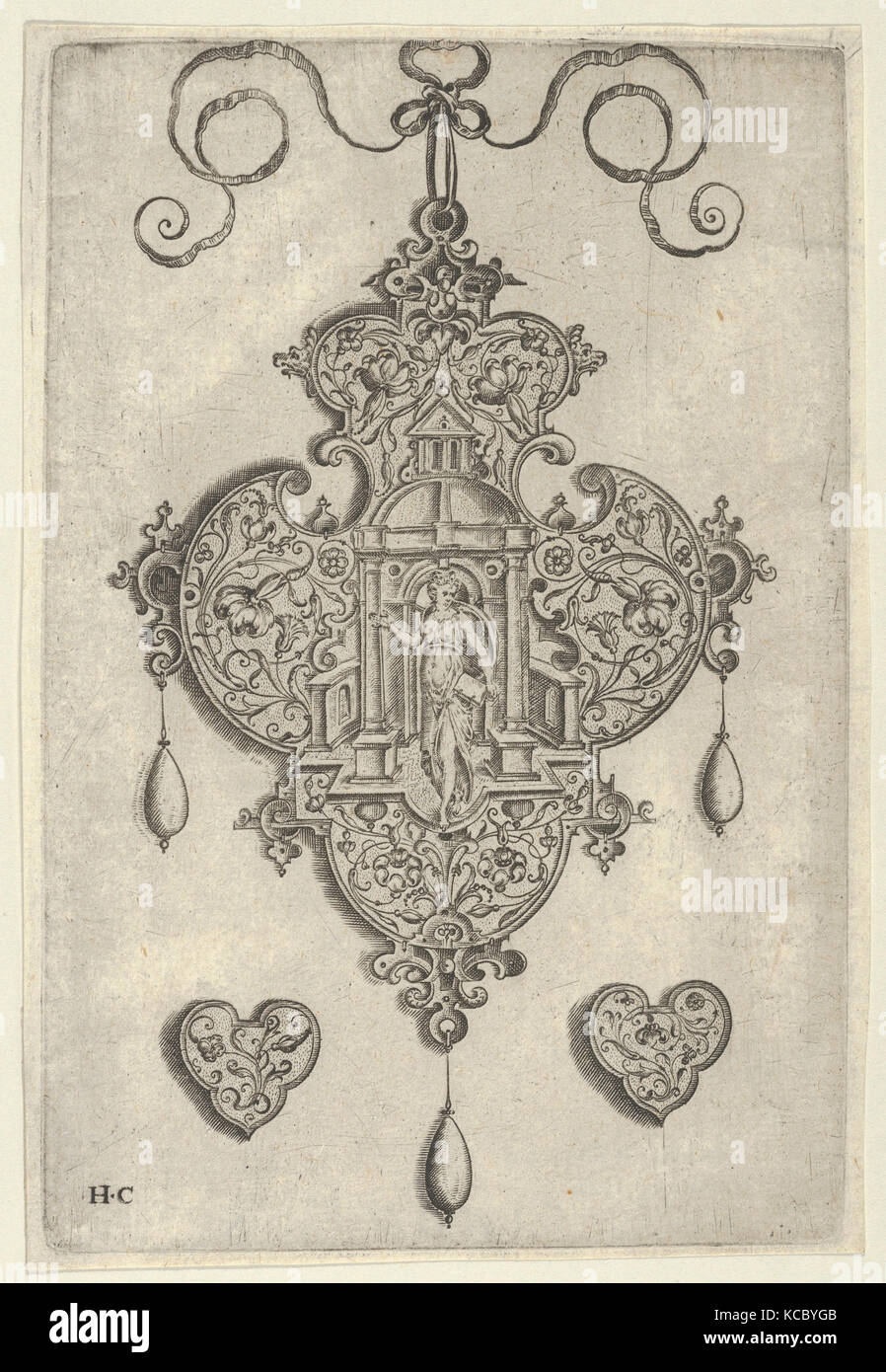 Design pendente con fede in piedi in un tempietto circolare, Jan Collaert I prima 1573 Foto Stock