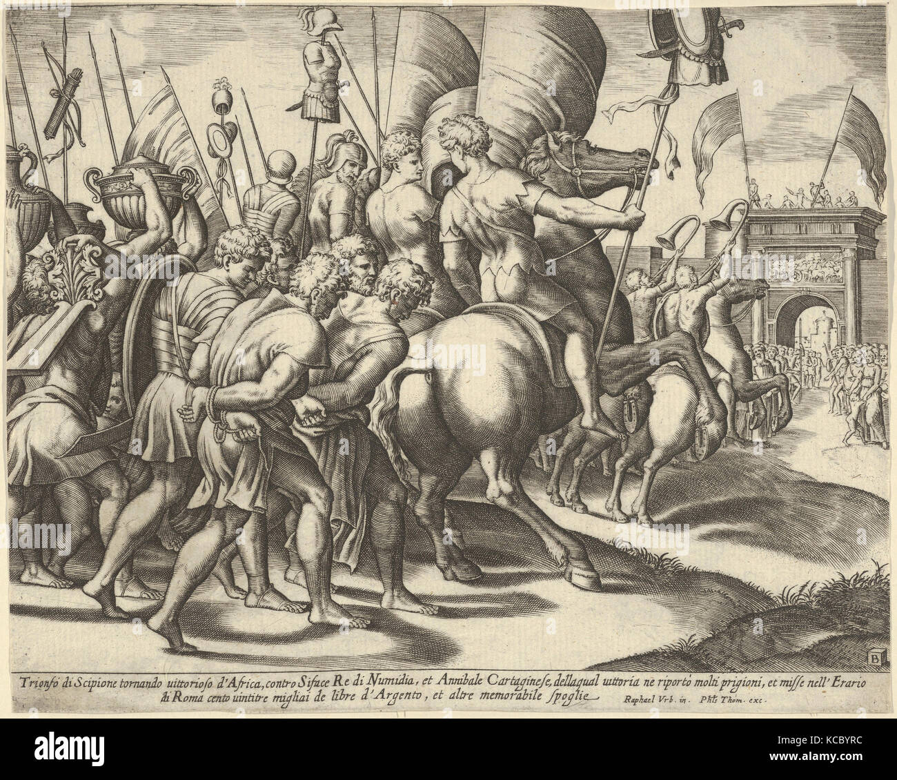 Il Trionfo di Scipione che cavalca un cavallo seguita da schiavi catturati, Master della matrice, 1530-60 Foto Stock