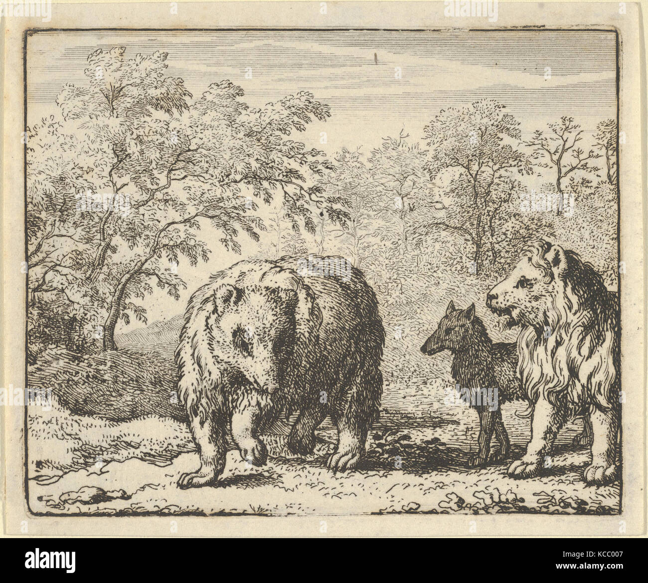 Il leone libera l'orso e il lupo da Hendrick van Alcmar's Renard la volpe, Allart van Everdingen, 1650-75 Foto Stock