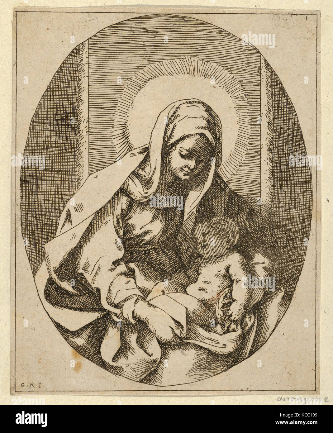 Disegni e stampe, stampa, la Vergine che tiene il bambino Cristo sul suo giro, un ovale composizione, dopo Reni Foto Stock