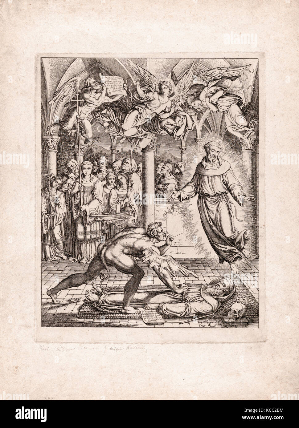 Disegni e Stampe, Stampa, Battaglia di Satana con la Basilica di San Francesco per l anima del monaco Guido da Montefeltro, artista Foto Stock
