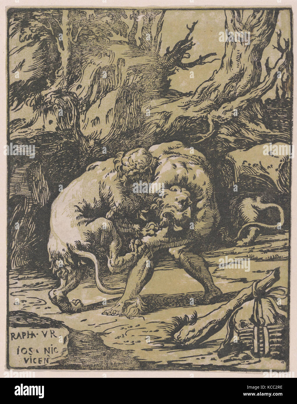 Hercules soffoca il leone nemeo, Niccolò Vicentino, 1540-50 Foto Stock