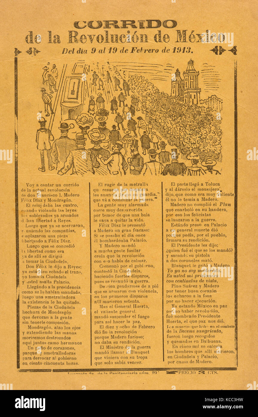 Broadsheet con corrida relative alla Rivoluzione messicana per i giorni 9-19 febbraio 1913, José Guadalupe Posada messicana, 1851 Foto Stock