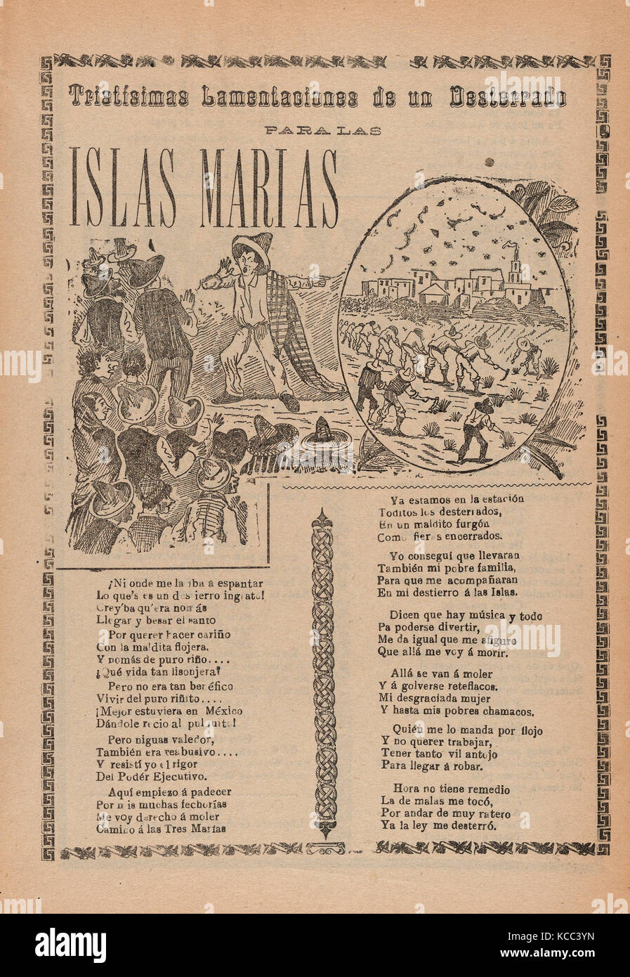 Broadsheet relative alla triste lamento di quelle esiliato in prigione al Islas Marias, corrida nella sezione inferiore Foto Stock