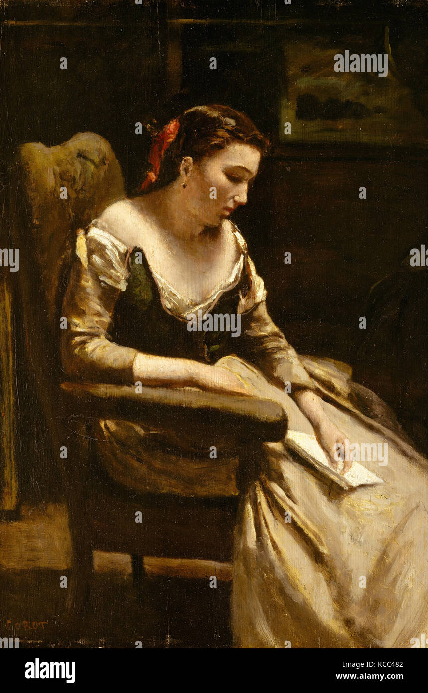 La lettera, ca. 1865, Olio su legno, 21 1/2 x 14 1/4 in. (54,6 x 36,2 cm), dipinti, Camille Corot (francese, Parigi 1796-1875 Parigi Foto Stock