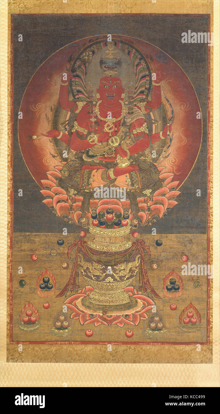 愛染明王像, Aizen Myōō, periodo Nanbokuchō (1336-92), del secolo XIV, Giappone, appeso a scorrimento, inchiostro, colore oro e tagliare la foglia di oro su seta Foto Stock
