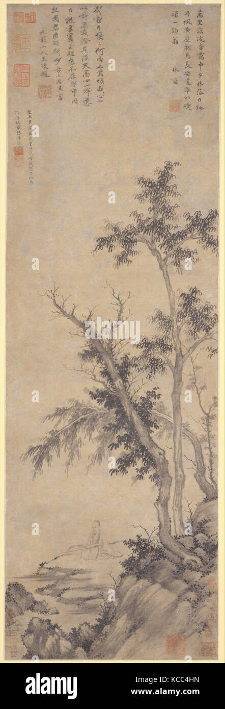 元 盛懋 秋林漁隱圖 軸, Solitaire Pesca da alberi d'Autunno, Sheng Mou, datata 1350 Foto Stock