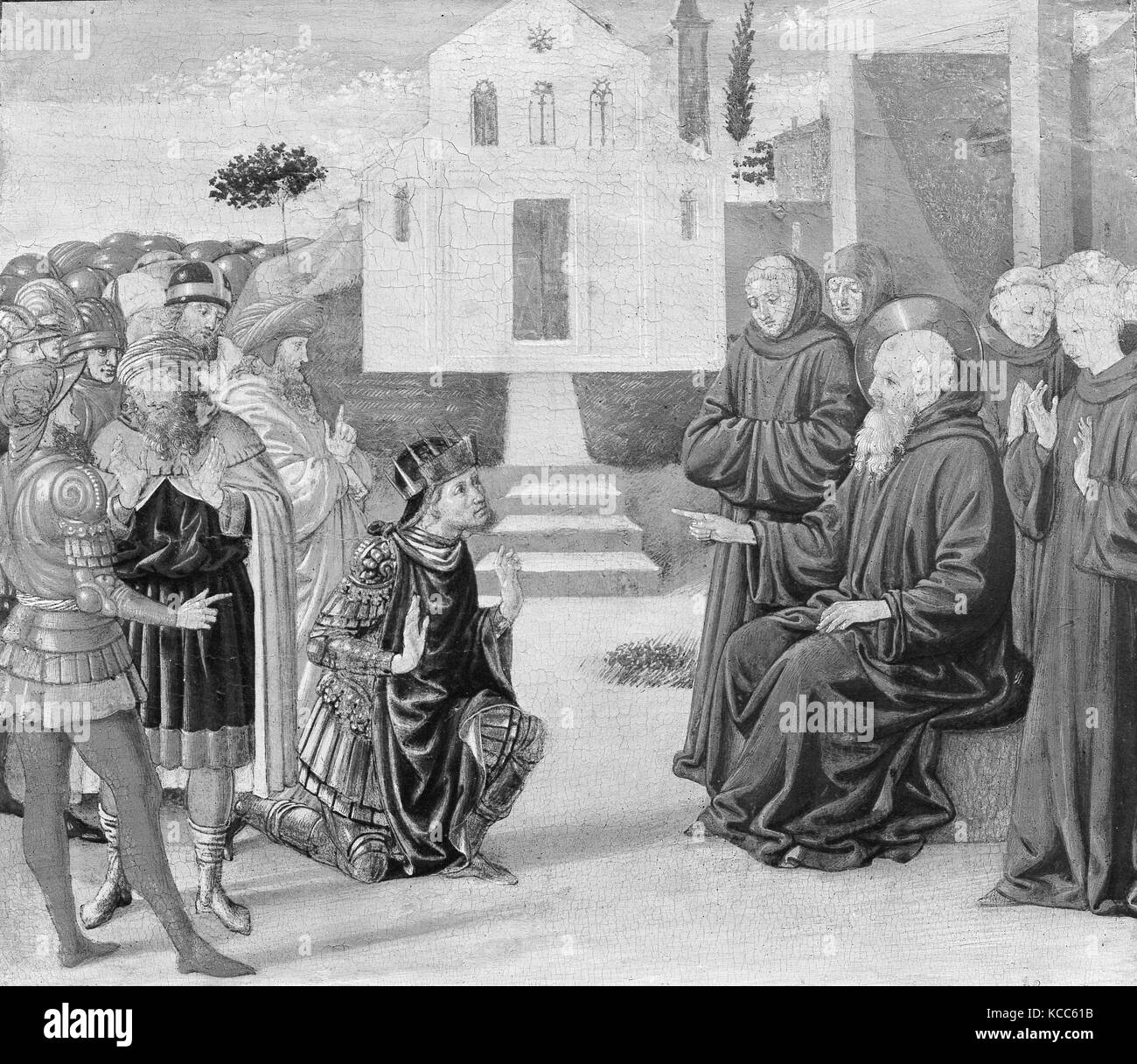 Totila prima di San Benedetto, tempera su legno, 15 1/2 x 18 in. (39,4 x 45,7 cm), dipinti, Benozzo Gozzoli (Benozzo di lesa di Foto Stock