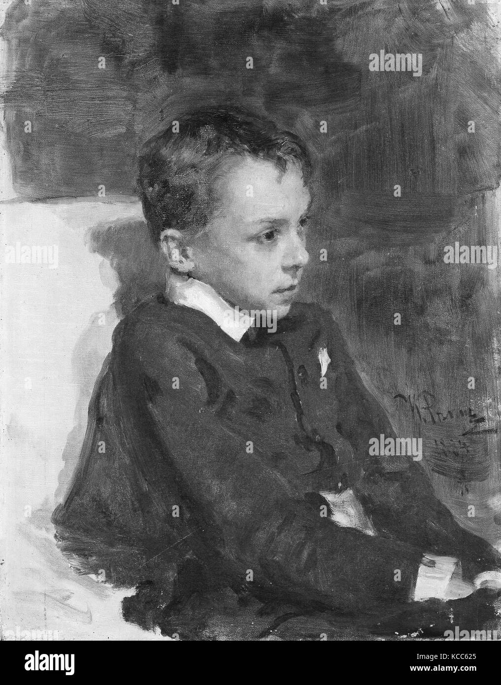 Ritratto di un ragazzo, 1884, olio su tela, 22 1/2 x 17 3/8 in. (57,2 x 44,1 cm), dipinti, Ilia Efimovich Repin (Russo, Chuguev Foto Stock