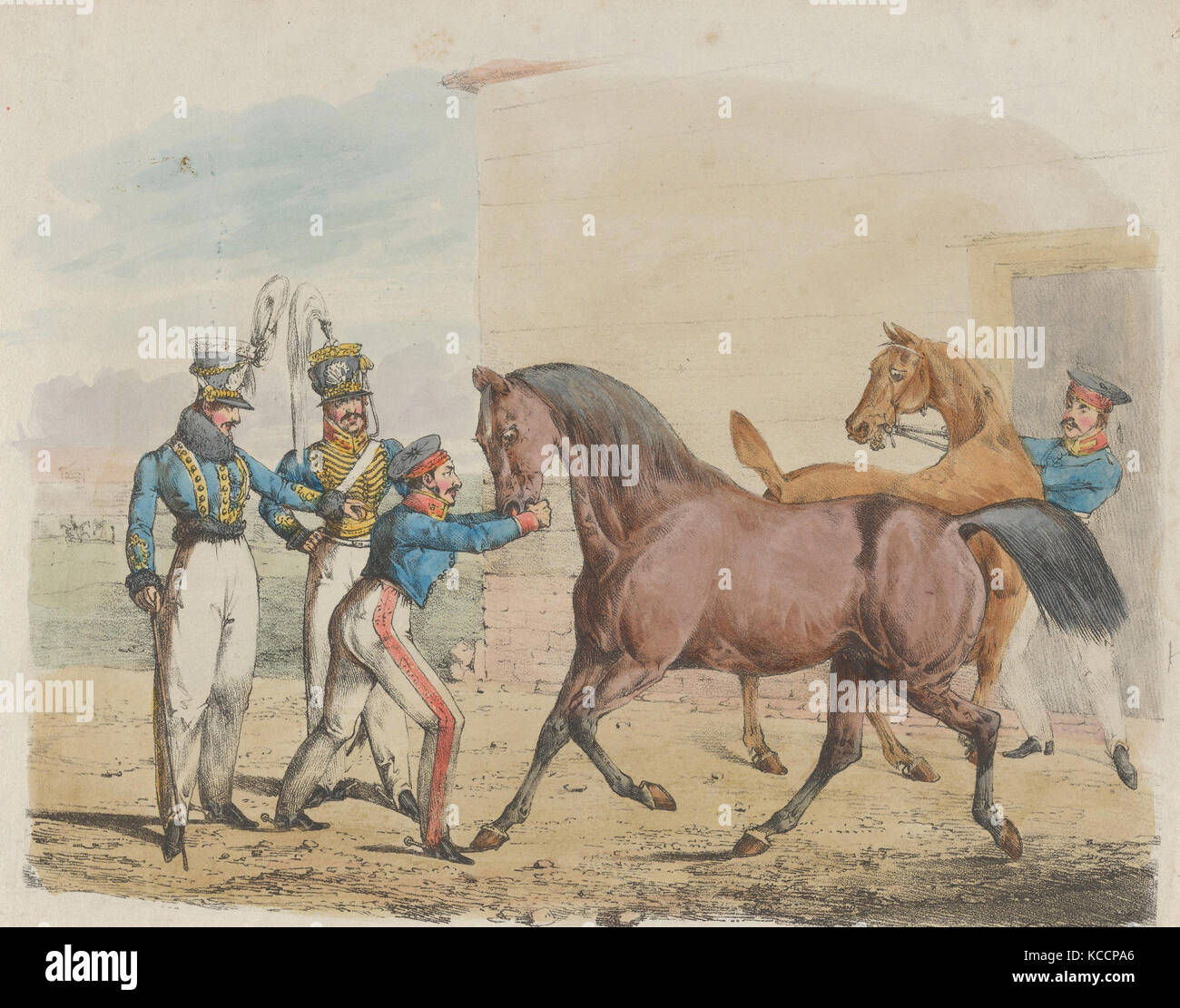 Due soldati di una unità di cavalleria, con cavalli e stallieri, 1823 Foto Stock