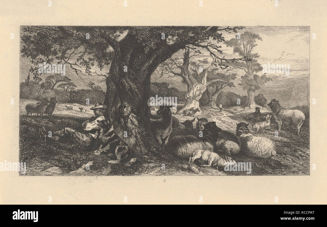 Il parco, 1865, attacco, Immagine: 3 15/16 × 7 1/2 in. (10 × 19 cm), stampe, una scena pastorale con un pastore seduto a terra Foto Stock