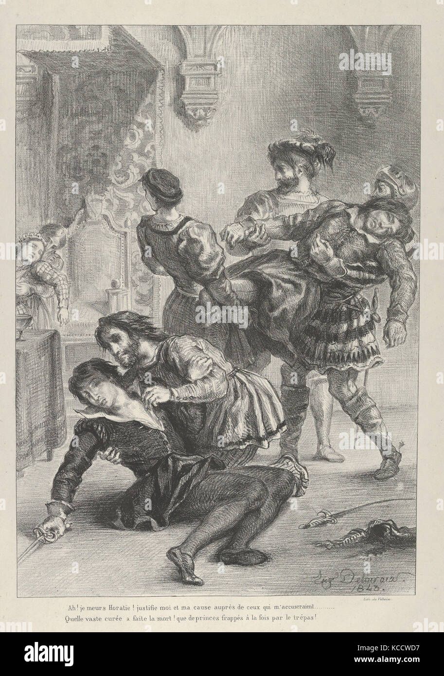 La morte di Amleto, 1843, litografia; secondo stato di tre, Immagine: 11 3/8 x 7 15/16 in. (28,9 x 20,1 cm), stampe, Eugène Foto Stock