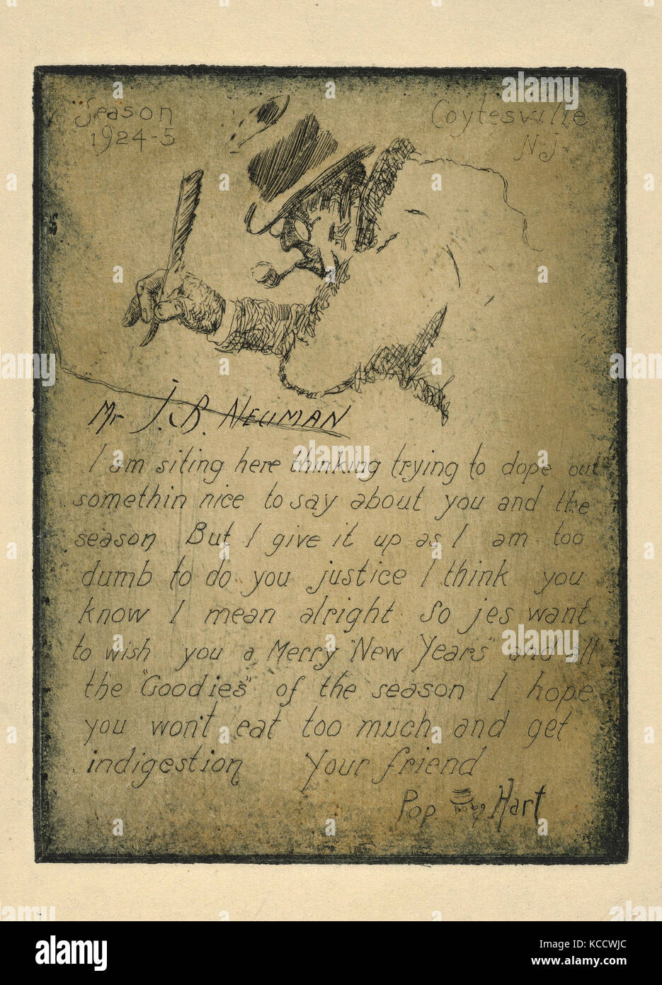 Disegni e Stampe, Stampa, saluti della stagione, 1924-1925, indirizzata al sig. J.B. Neuman, artista George Overbury Pop Hart Foto Stock