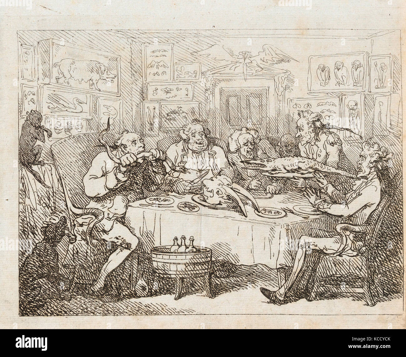 Disegni e stampe, stampa Sir Joseph Banks circa per mangiare un alligatore ("la cena di pesce'), Thomas Rowlandson Foto Stock
