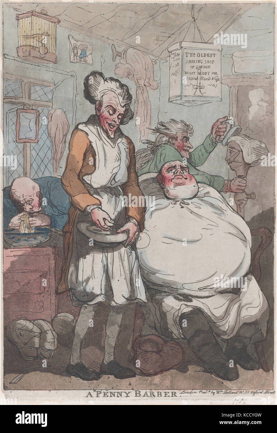 Un Penny barbiere, 1789, colorate a mano di attacco e acquatinta, foglio: 13 7/16 x 9 1/8 in. (34,1 × 23,2 cm), stampe, Thomas Rowlandson Foto Stock