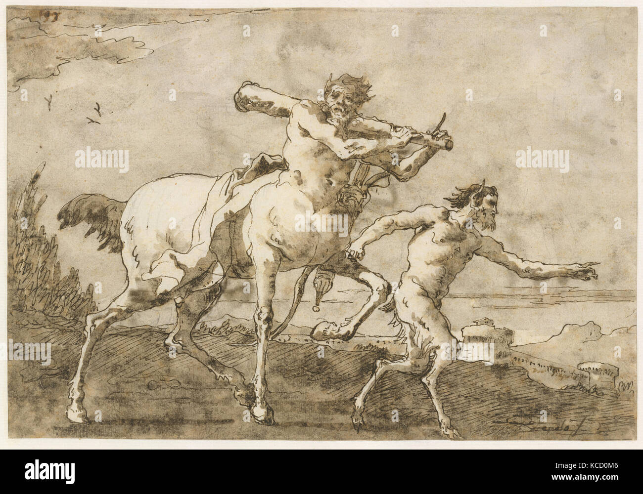 Satiro che portano un Centauro, che porta un Club, Arco e faretra, fuori le mura di una città, Giovanni Domenico Tiepolo, ca. 1771-91 Foto Stock