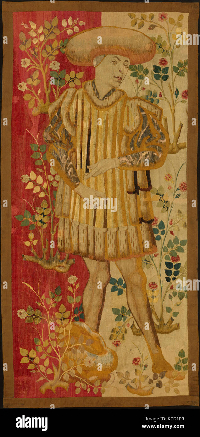 Le figure in un giardino di rose, ca. 1450-55, Sud Netherlandish, ordito di lana, lana, seta e metallico di trama, complessivo: 78 x 38a Foto Stock
