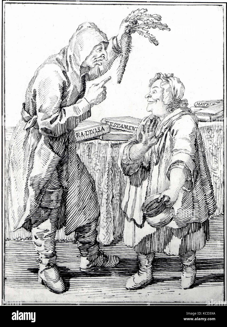 Un monaco con una carota e una donna con un vaso, Pier Leone Ghezzi, fine 17th-metà del XVIII secolo Foto Stock