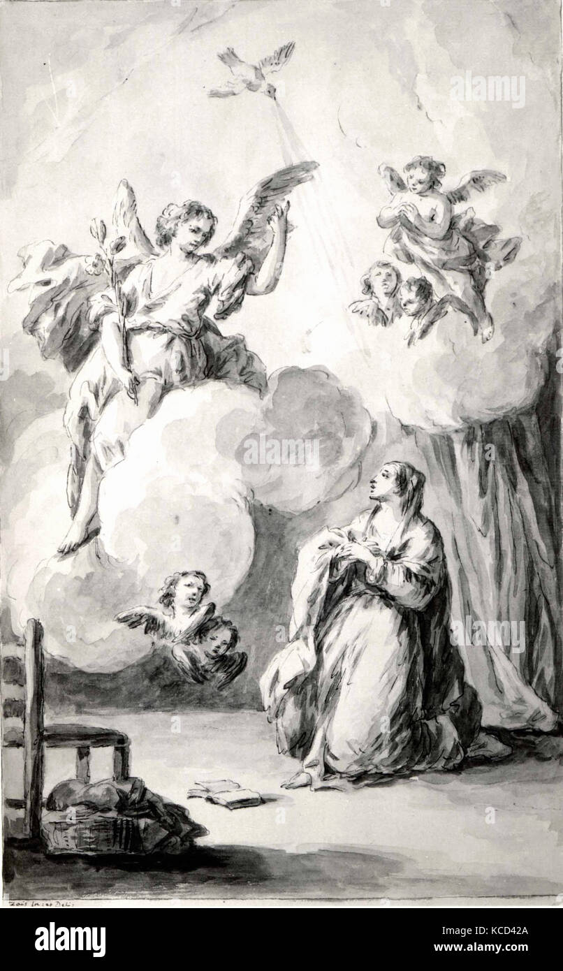 L'Annunciazione, metà del XVIII secolo, a penna e inchiostro bruno, grigio lavaggio, oltre gesso nero, 13 3/4 x 8 11/16 in. (35 x 22 cm), disegni Foto Stock