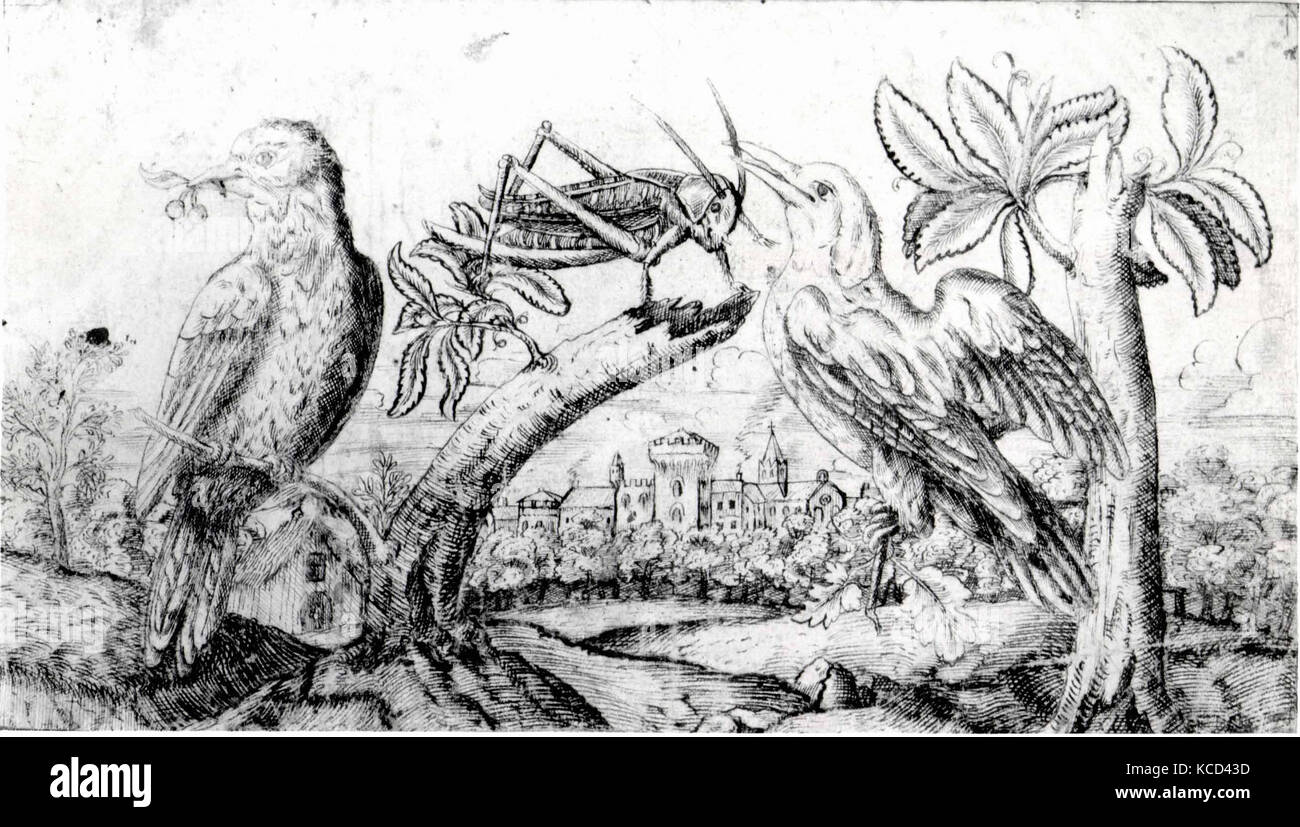 Due uccelli e un grillo, Fiandre, tardo XVII secolo Foto Stock