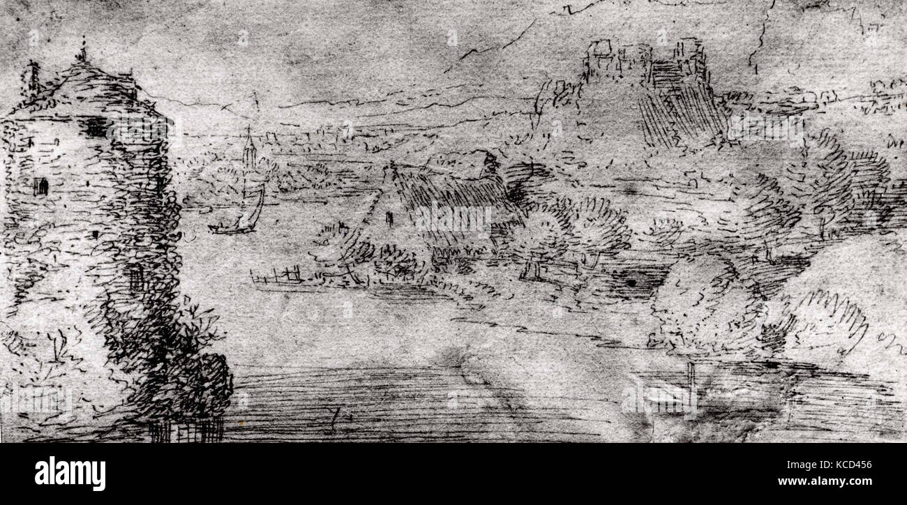 Paesaggio fluviale, ca. 1600, a penna e inchiostro bruno, 3 15/16 x 8 in. (10 x 20,3 cm), disegni, Jaques Saverij (Courtrai (Kortrijk) ca Foto Stock