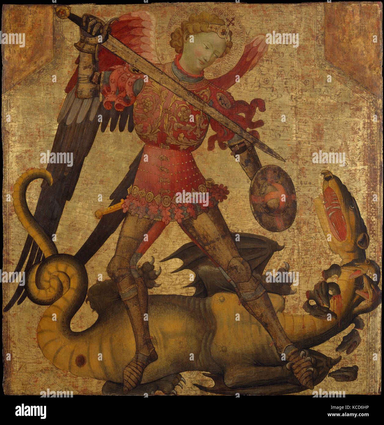 San Michele e il drago, ca. 1405, tempera su legno, oro, 41 3/8 x 40 3/4 in. (105,1 x 103,5 cm), dipinti, spagnolo Foto Stock