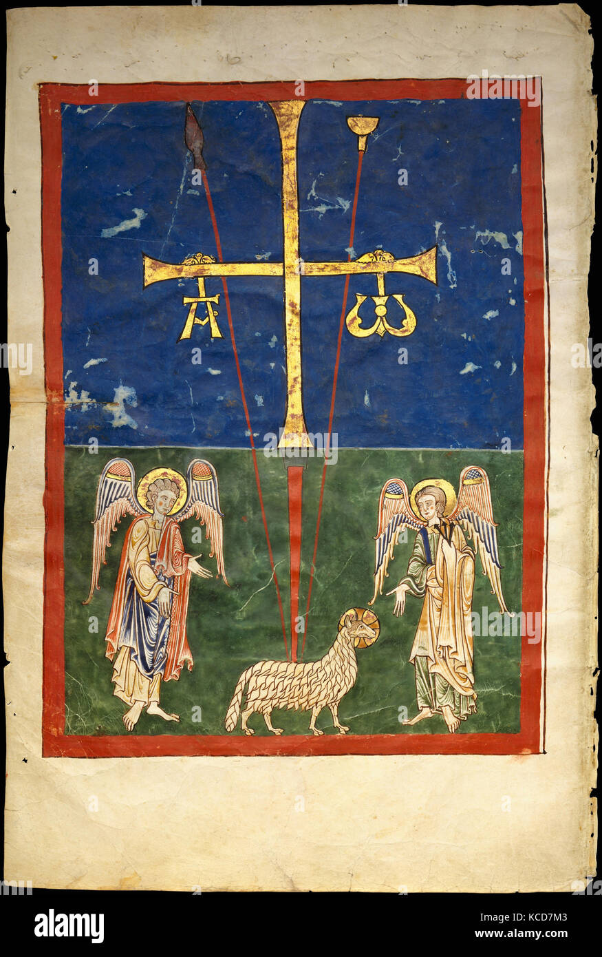 Foglie da un manoscritto Beatus: l agnello ai piedi della Croce, fiancheggiata da due angeli; la vocazione di San Giovanni Foto Stock
