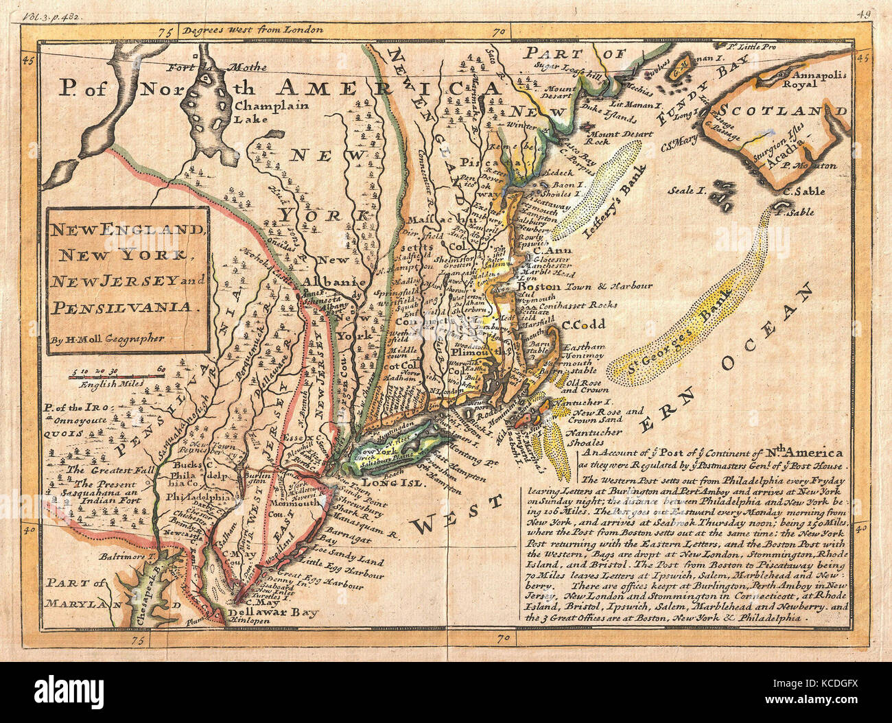 1729, Moll mappa di New York, New England e Pennsylvania, prima mappa postale del New England Foto Stock