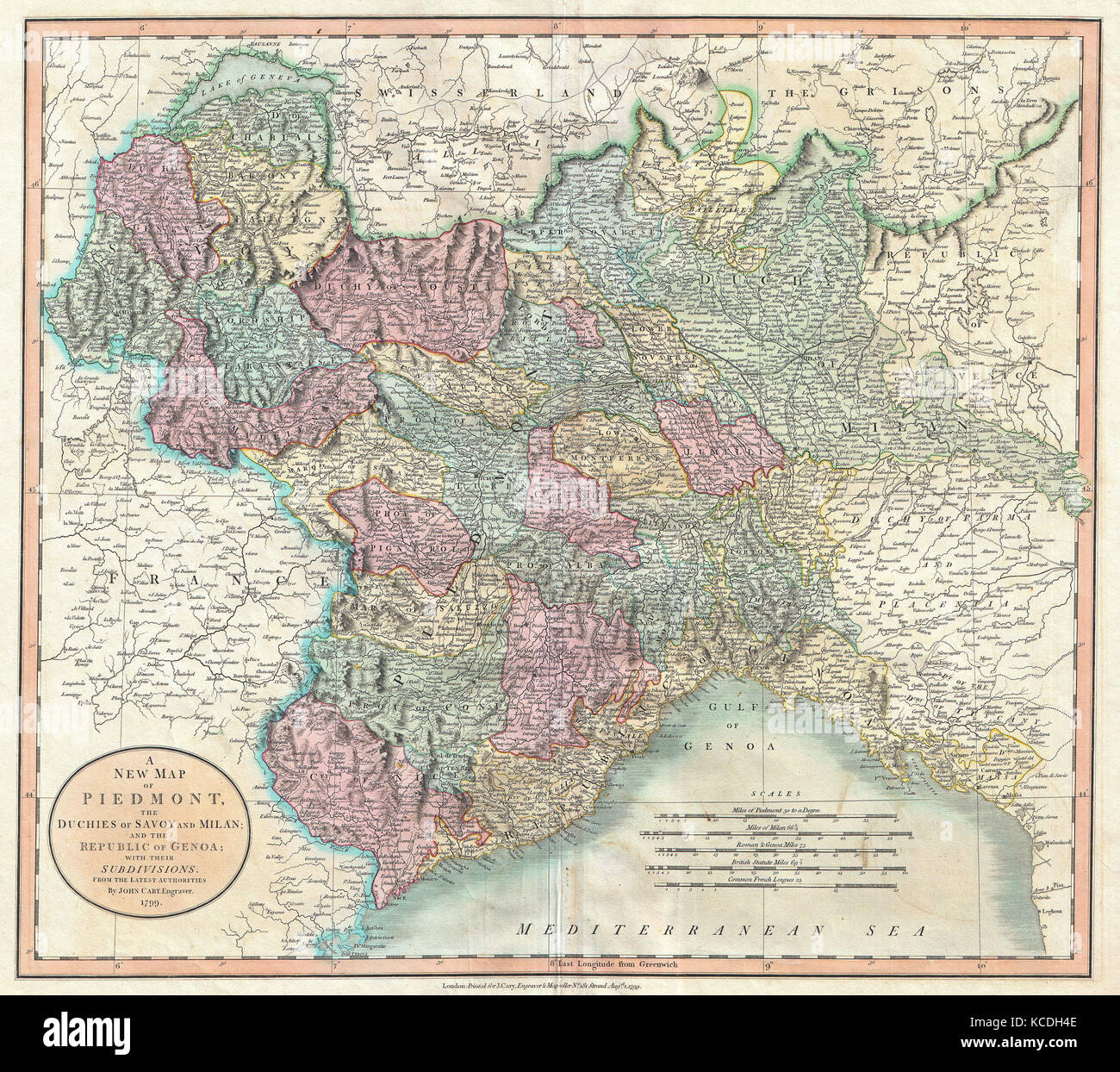 1799, Cary Mappa di Piemonte, Italia, Milano, Genova , John Cary, 1754 - 1835, Era un cartografo inglese Foto Stock