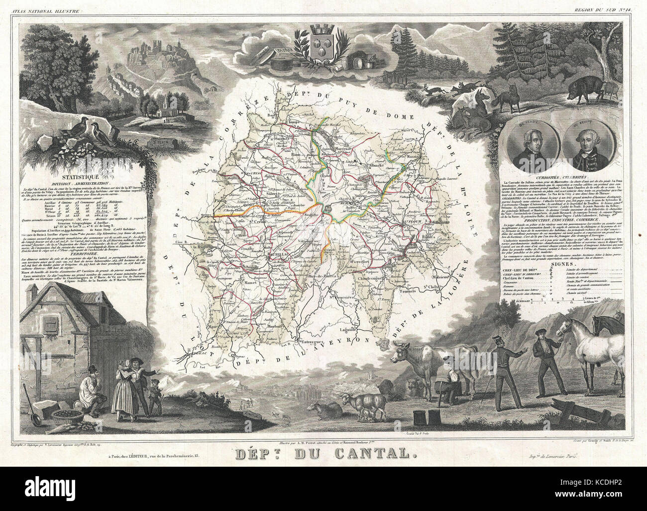 1852, Levasseur Mappa del Dipartimento du Cantal, Francia, Cantal Regione formaggio Foto Stock