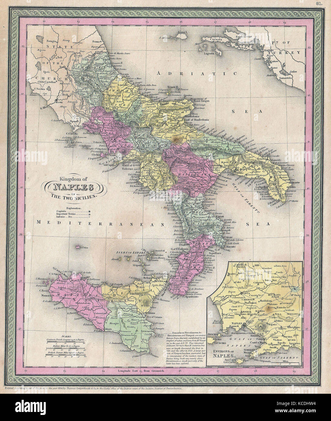 1853, Mitchell Mappa del sud Italia, Napoli, Sicilia Foto Stock