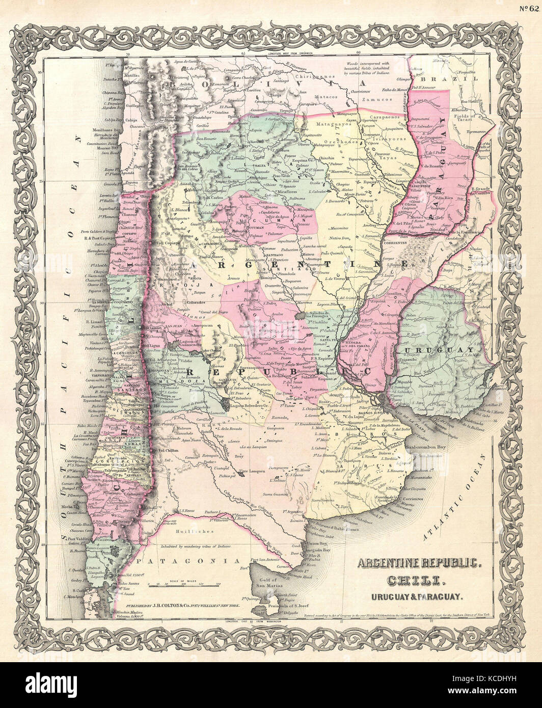 1855, Colton Mappa di Argentina, Cile, Paraguay e Uruguay Foto Stock