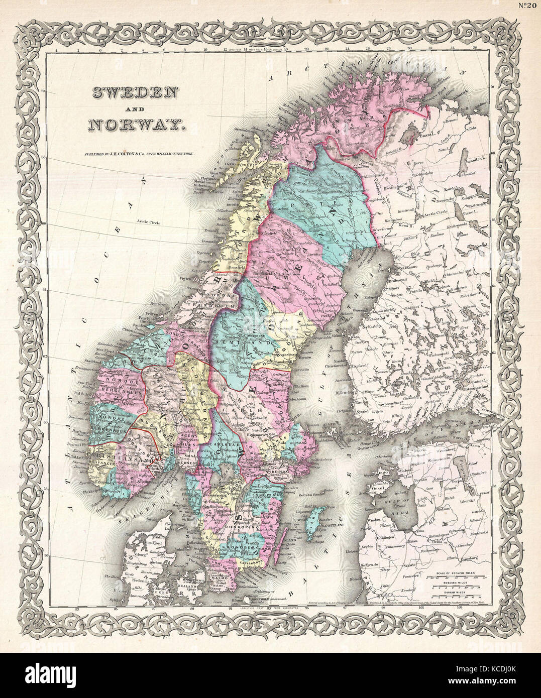 1855, Colton Mappa della Scandinavia, Norvegia, Svezia, Finlandia Foto Stock