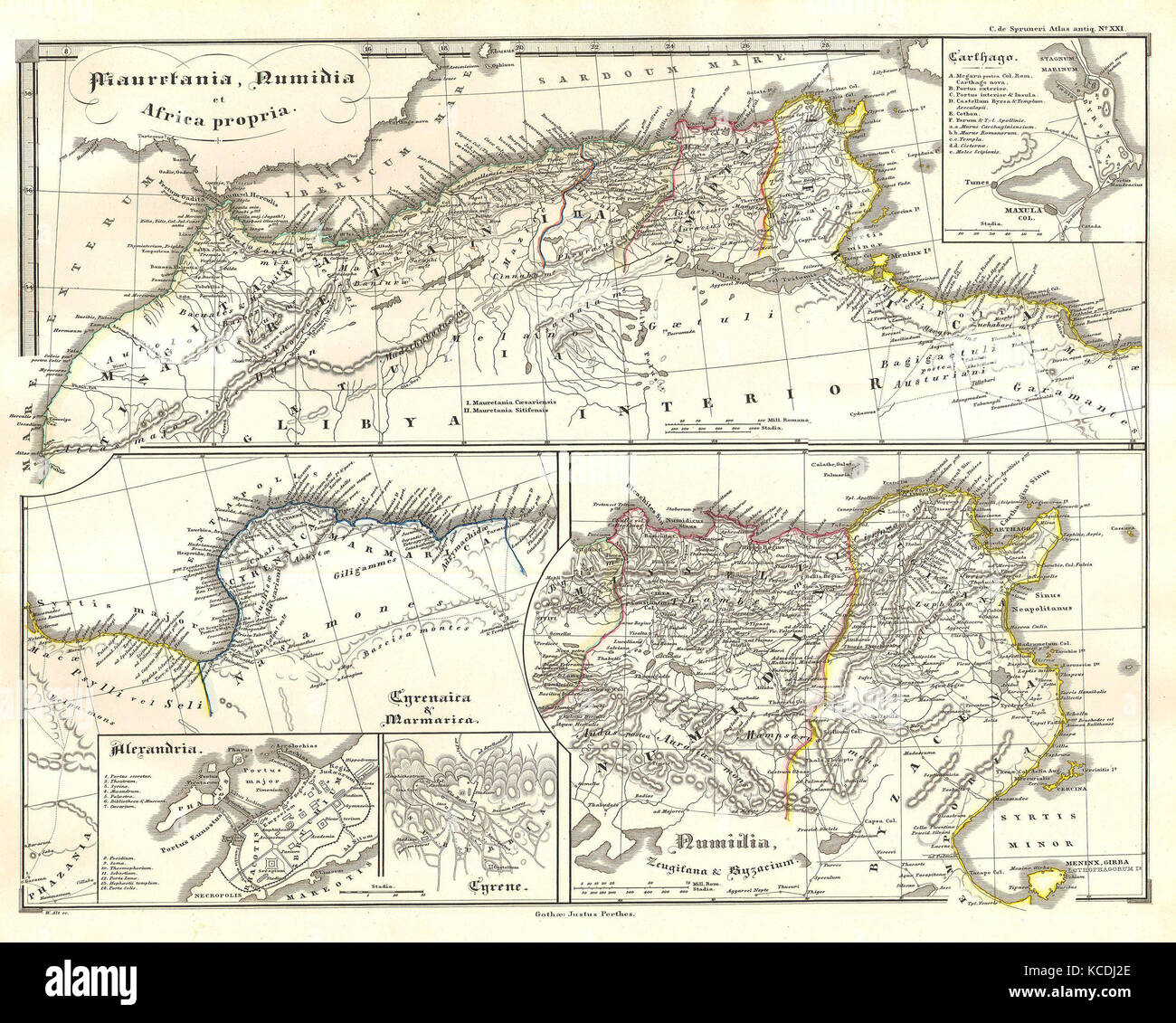 1855 Spruneri mappa del Nord Africa in tempi antichi, Cartagine, Numidia, Alessandria Foto Stock