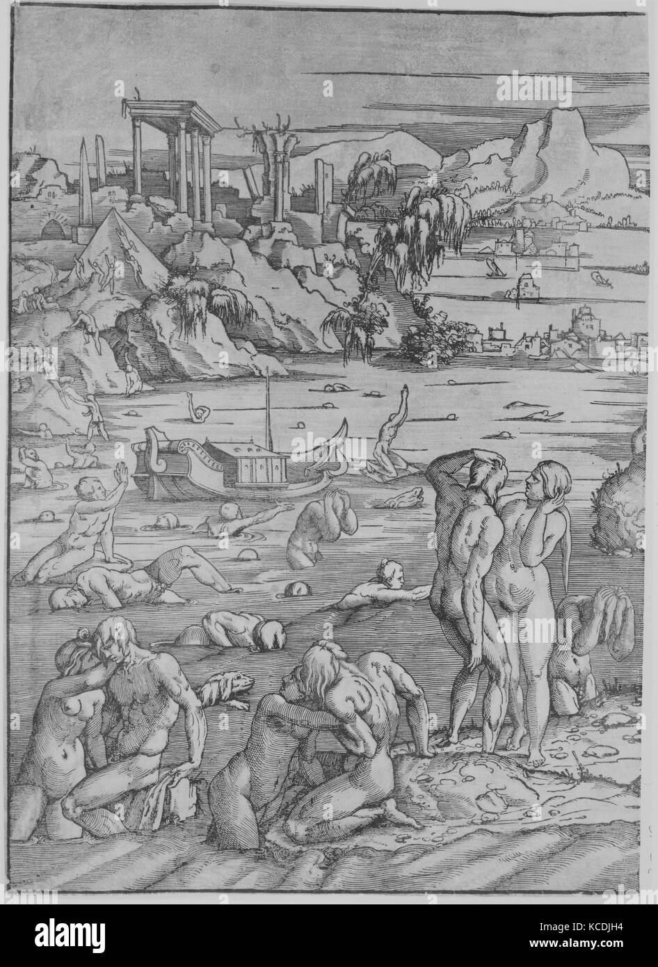 Il diluvio, ca. 1524, Xilografia stampata su due fogli, colorate a mano con giallo e bianco, nel complesso 18-5/8 x 26-1/4 in. (47,1 x 66 Foto Stock