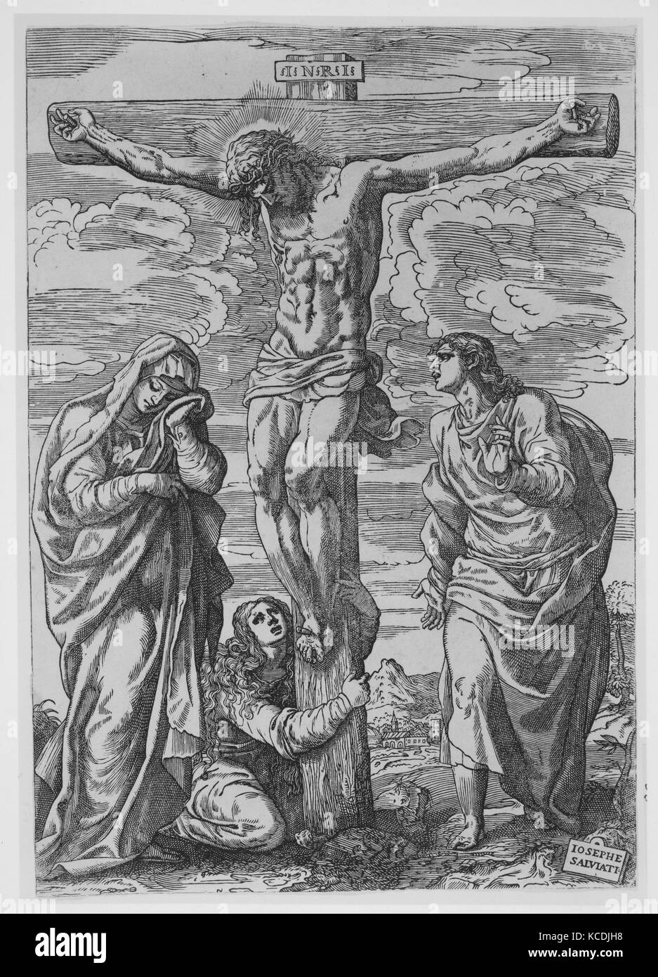 Crocifissione, 1556, Xilografia, foglio: 12 3/16 x 8 3/8 in. (31 × 21,2 cm), stampe, Giuseppe Salviati (Giuseppe Porta detto il Foto Stock