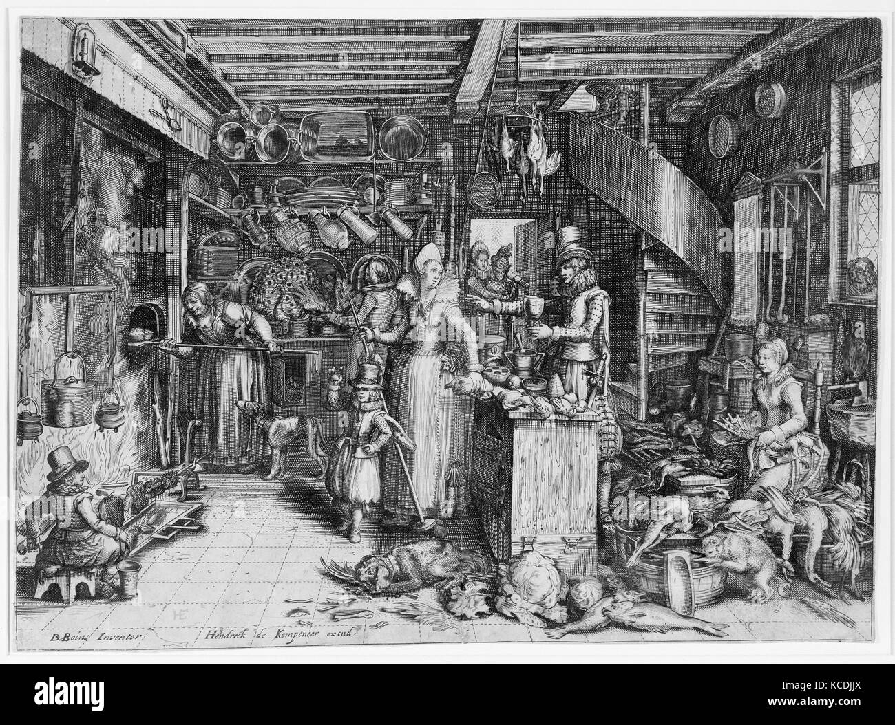 Una scena di cucina, n.d., incisione, foglio: 10 1/8 x 13 7/8 in. (25,7 x 35,2 cm), stampe dopo David Vinckboons (Netherlandish Foto Stock