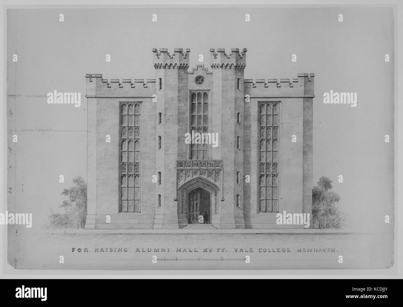 Proposta di sollevamento da 15 piedi, Alumni Hall, Yale College, New Haven (elevazione della facciata), Alexander Jackson Davis, 1881 Foto Stock