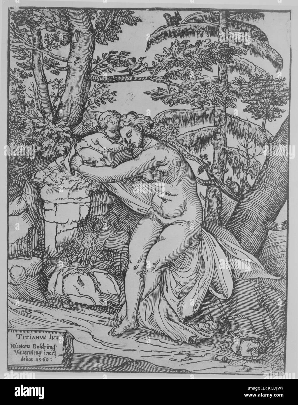 Venere ed Amore, 1566, Xilografia, foglio: 12 1/8 x 9 1/8 in. (30,8 × 23,2 cm) (rifilati a bordo), stampe, Nicolò Boldrini (Italiano Foto Stock