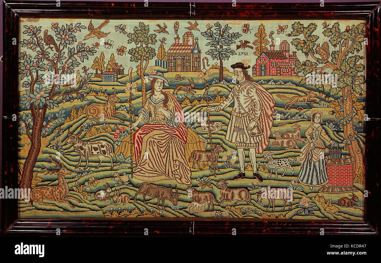 Immagine ricamata con scena pastorale, 1761, British, seta su tela, H. 17 1/2 x W. 29 1/4 pollici (44,5 x 74,9 cm); incorniciato Foto Stock