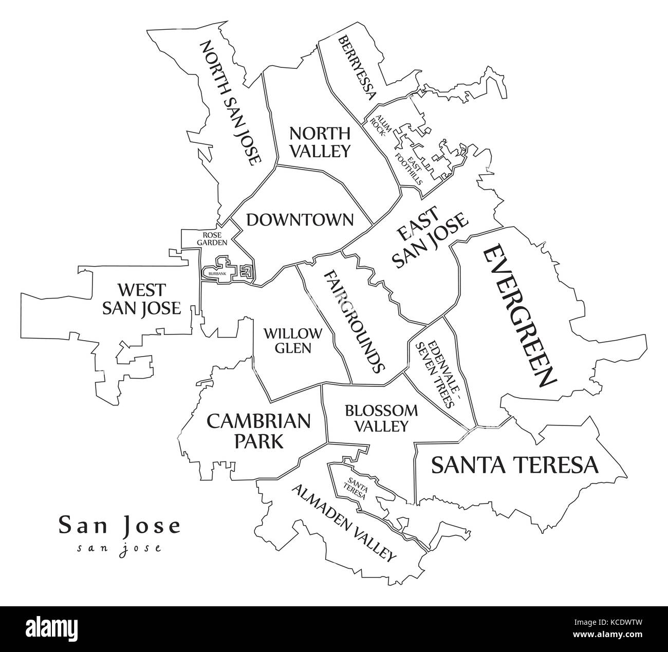 Città moderna mappa - san jose città degli Stati Uniti con i quartieri e i titoli mappa di contorno Illustrazione Vettoriale