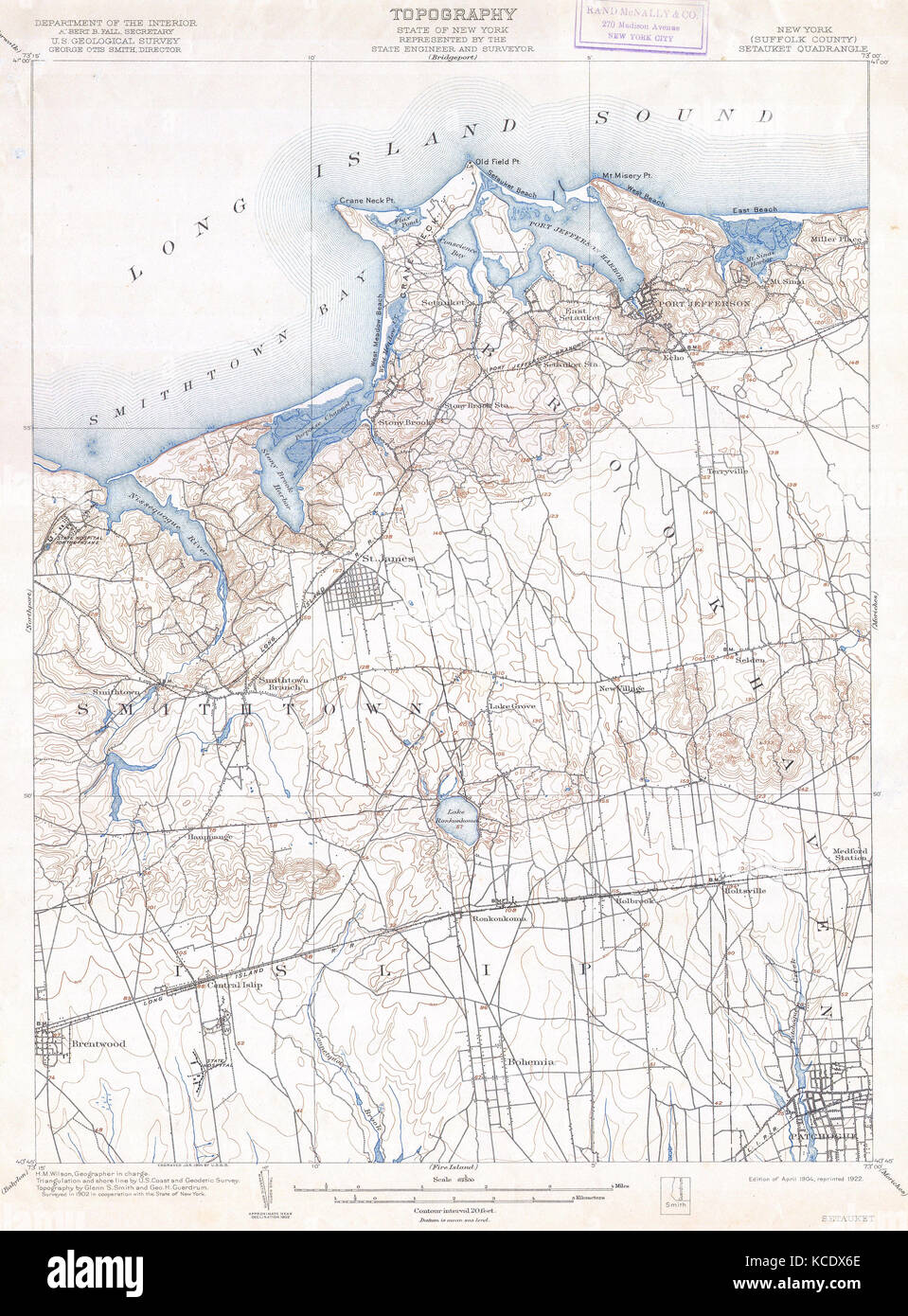 1904, U.S.G.S. Mappa di Long Island New York, Islip, Brookhaven Smithtown Foto Stock
