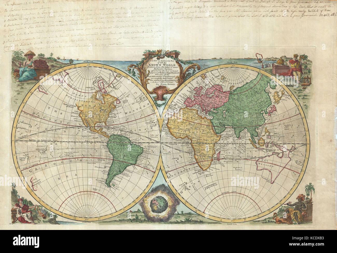 1744, Bowen Mappa del Mondo in emisferi Foto Stock