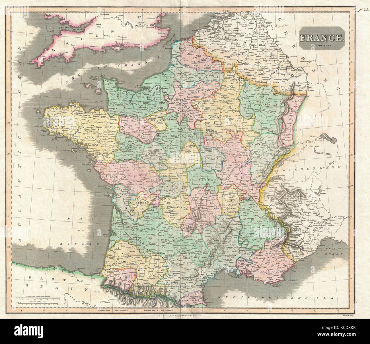 1814, Thomson mappa della Francia, John Thomson, 1777 - 1840, Era un cartografo scozzese di Edimburgo, Regno Unito Foto Stock
