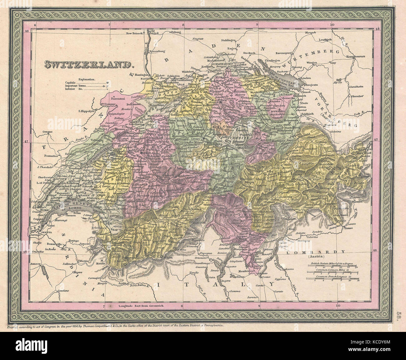1853, Mitchell cartina della Svizzera Foto Stock