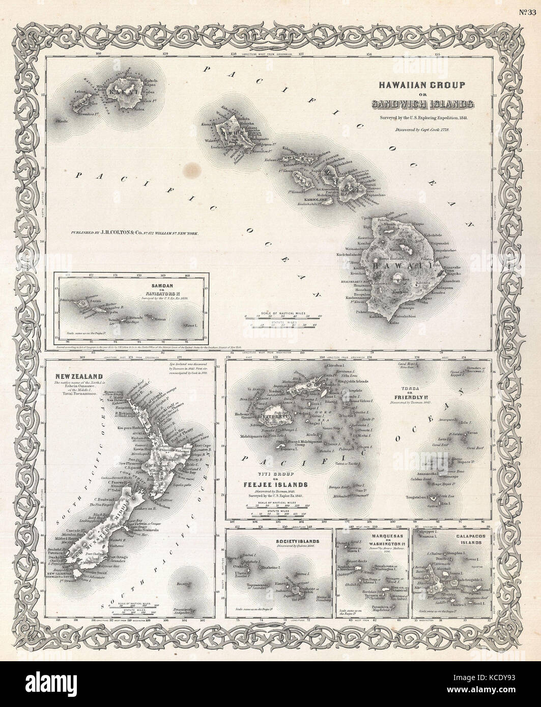 1855, Colton mappa delle Hawaii e la Nuova Zelanda Foto Stock