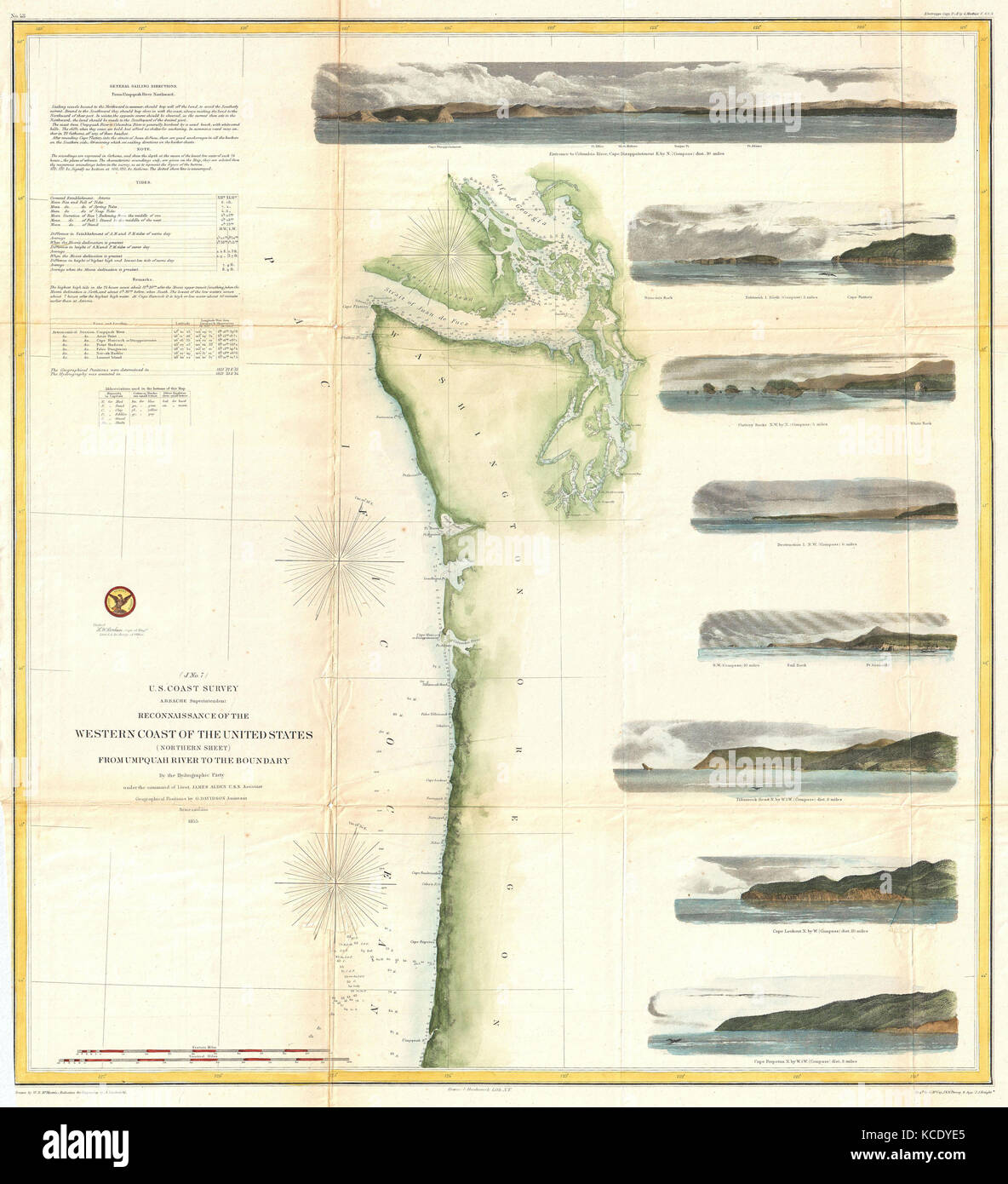 1855 U.S.C.S. La mappa o il grafico di Washington e Oregon Foto Stock