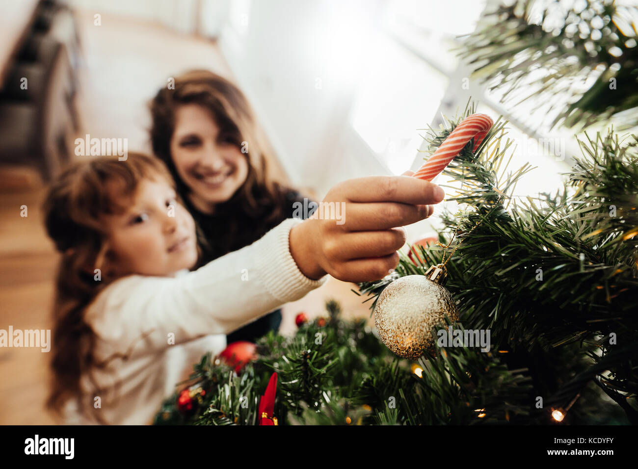 Madre e figlia immissione candy cane su albero di Natale. Giovane donna aiutare la propria figlia decorare albero di Natale. Foto Stock