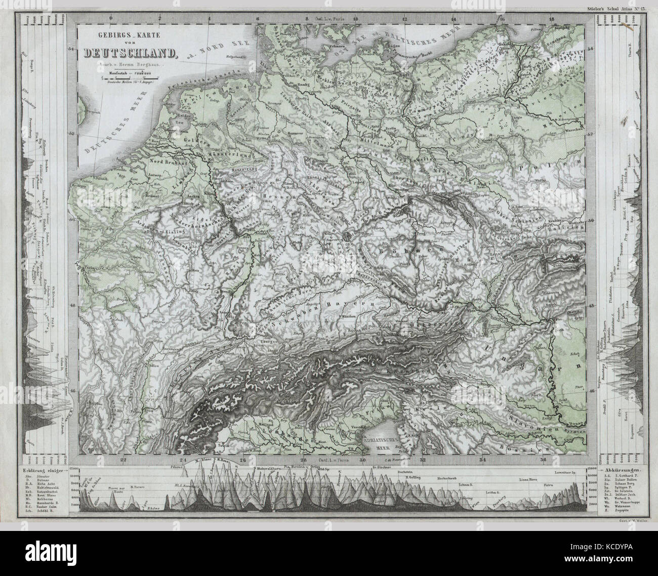 1862, Cartina Fisica dell Europa centrale o Deutschland Foto Stock