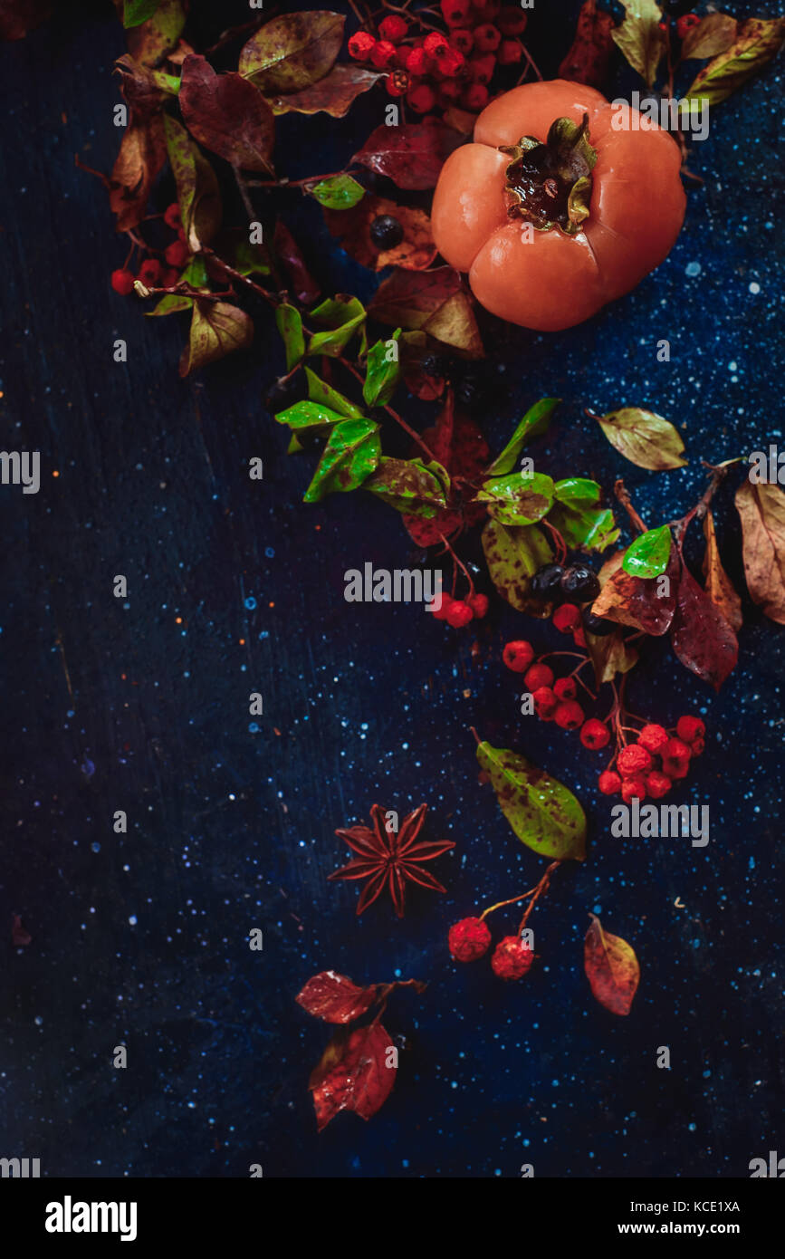 Persimmons maturi al buio su un sfondo di legno con foglie di autunno bacche e cannella. laici piatta con copia spazio. frutto nel buio fotografia di cibo. Foto Stock